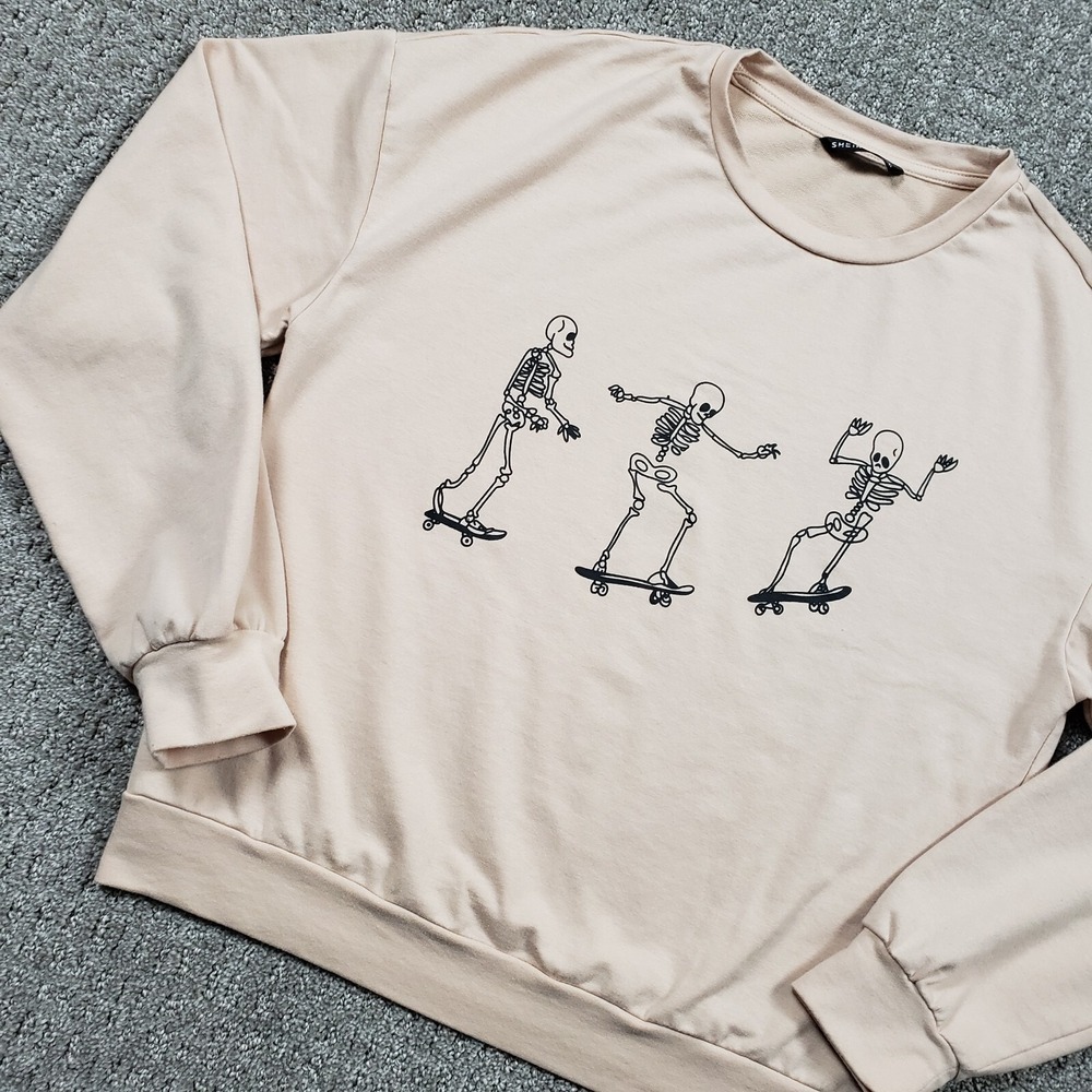 SheIn Sweatshirt Womens XS Tan Skateboarding Skeletons Halloween Fall Crewneck